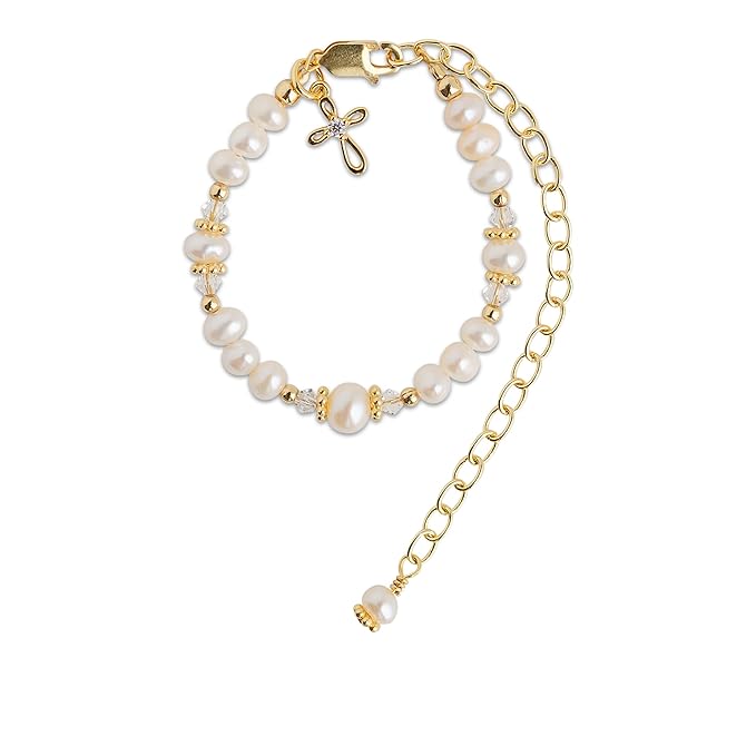 Cherished Moments 14K Gold-Plated Baptism to Bride Cross Bracelet Gift for Infant Girls with Cultured Pearls or Baby Christening Gift