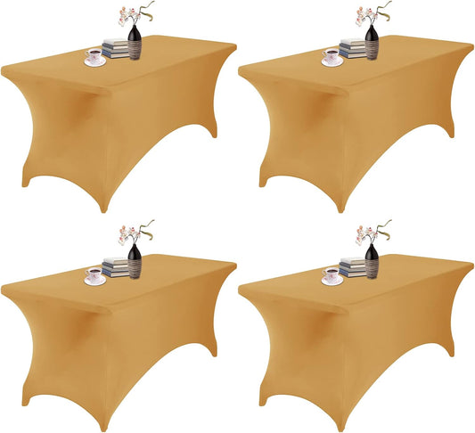 4Pack Spandex Waterproof Table Covers 6ft，Spandex 6ft Waterproof Table Cover for Party,Wedding, Banquet, and Events(Gold)