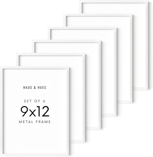 HAUS AND HUES 9x12 White Metal Picture Frames - Features Premium Aluminum, Vertical & Horizontal Hang, Shatterproof Plexiglass - Perfect for Home, Room, Office (9x12 in, White, Set of 6)