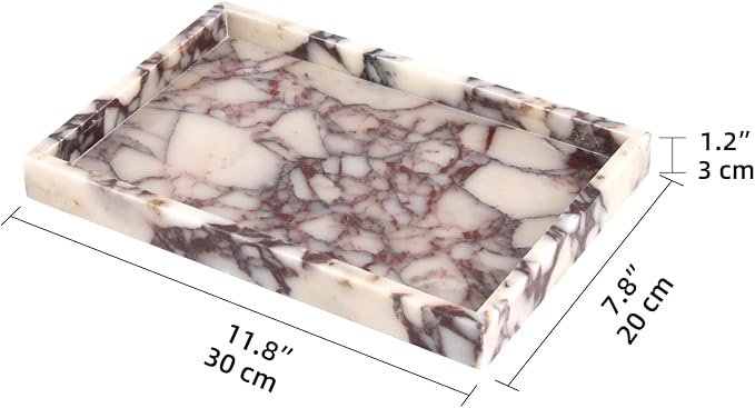 Marble Bathroom Vanity Tray, Natural Luxury Vanity Home Kitchen Bathroom Table Tray, Stone Decorative Countertop Dresser Trays for Key Coffee Perfume Jewelry Makeup (Calacatta Viola, 12"x 8" x1.2")