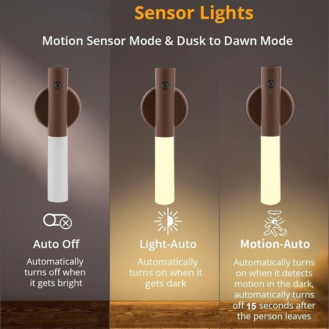 LANDGOO Wooden Motion Sensor Lights Indoor, Magnet Body Hallway Rechargeable LED Wireless Battery Operated Wall Sconce,
