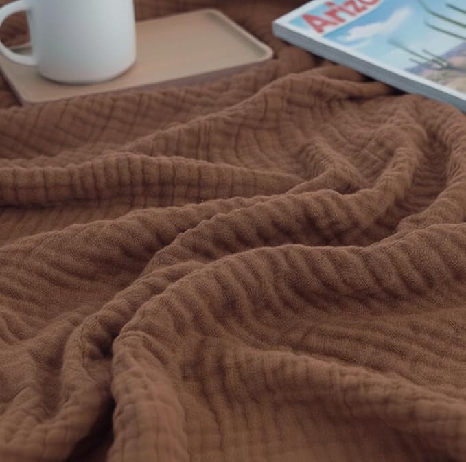 KyraHome 100% Organic Cotton Muslin Blanket, 60"x80" Large Pre-Washed Plant Dyed Lightweight Breathable Soft Gauze Summer Throw Blankets for Adults, All Season (Brown)