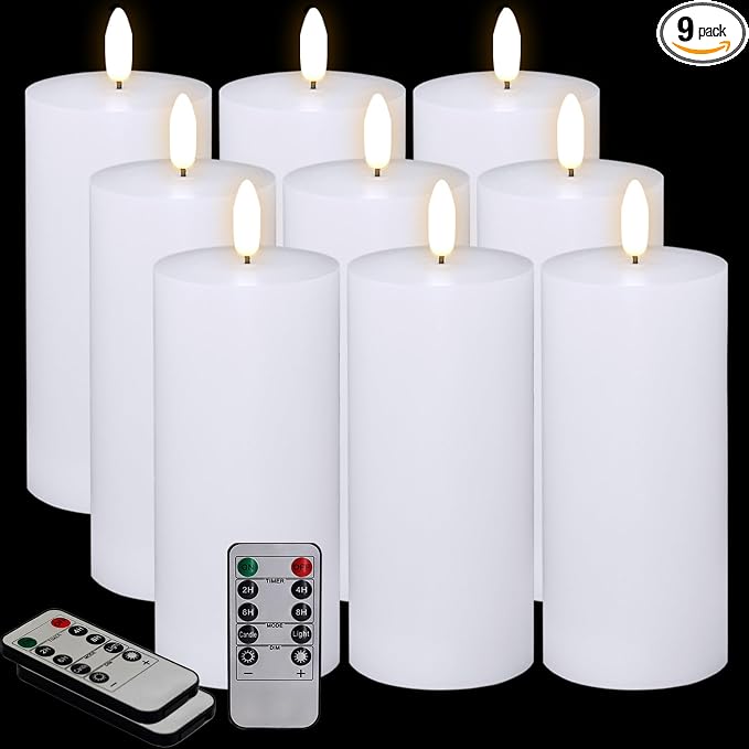 Oleitodh 9 Pcs White Flameless Candles Flat Top LED Candles with Remote Timer, Pillar Flameless Candle Bulk Flickering Battery Operated Candle for Wedding Festival Outdoor Home Decor D 3'' H 6''