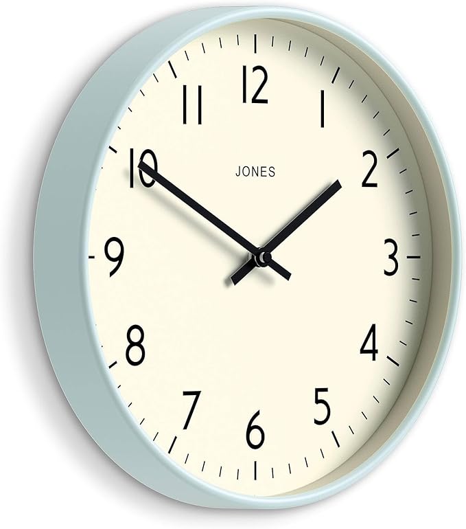 JONES CLOCKS® Studio wall Clock | Modern Round Style | 12 inch | Pale Blue | Easy to Read Numbers | Versatile Design for Kitchen, Living Room or Office