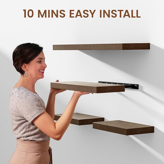 Heimlove Solid Wood Floating Shelves 36 inch, 8 Inch Deep Display Shelves Set of 2, Wall Mounted Floating Shelf with Invisible Brackets for Bathroom Bedroom Kitchen Living Room - American Walnut