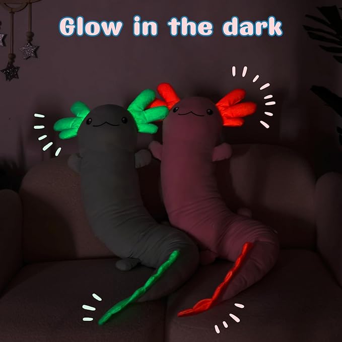 Tezituor Green Axolotl Plush Pillow Axolotl Stuffy 48'', 4ft Glow-in-Dark Stuffed Animal Plush Salamander Body Pillow for Axolotl-Lover 6-12 Girls Gifts Valentine's Day Christmas