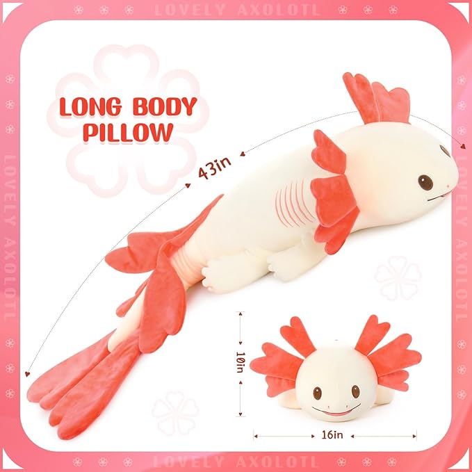 MaoGoLan Giant Axolotl Plush Body Pillow, Large 44" Love Axolotl Stuffed Animal for Girl Boy Kid, Long Pink Salamander Plush Pillow for Birthday Gifts, Baby Shower Party Favor Decor