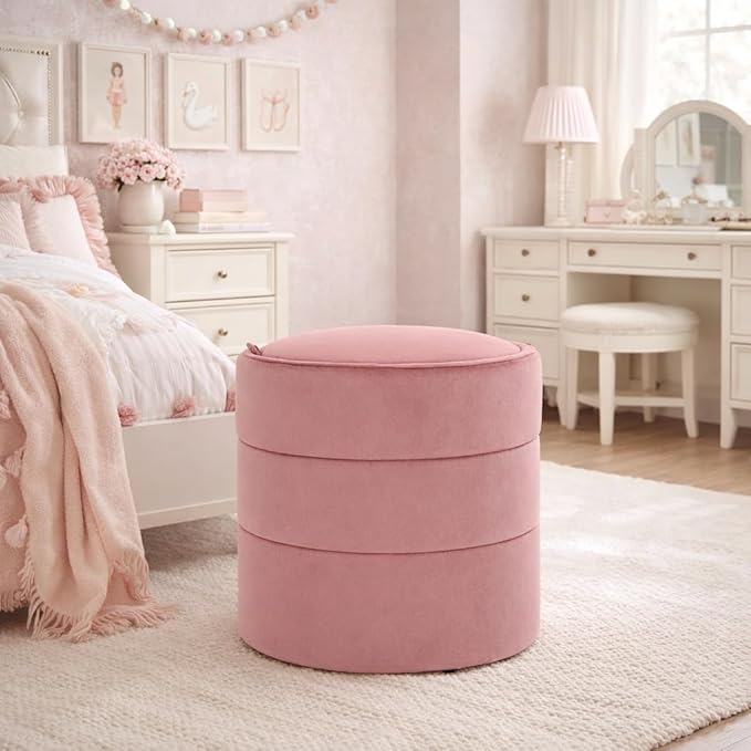 HomePop Storage Round Ottomanwith Removable Lid|Homepop Home Décor|Upholstered Round Velvet Foot Rest Ottoman - Blush Pink Velvet