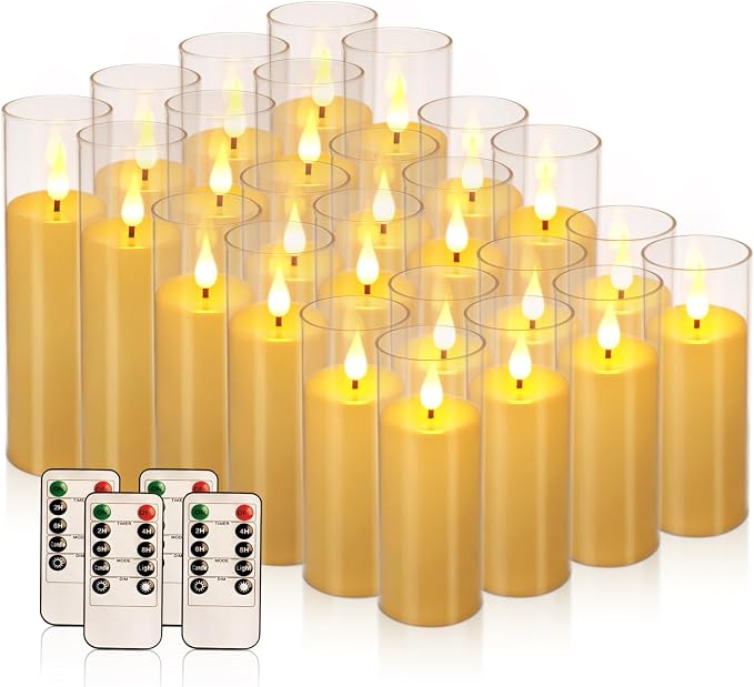 24-Pack LED Flameless Candles(14/16/18cm) with 4 Timers Remote - 3D Flickering Flame, Clear, Perfect Decor for Home & Events.