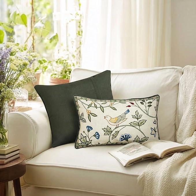 bilin gaier Designer Linen Throw Pillow Covers,20"x12" Set of 2-Idaho A | Vintage Elegant Rectangle Pillow Cover,Concealed Zipper,Floral and Bird Pattern,Sofas,Bedroom,Living Room,Lounge Chairs