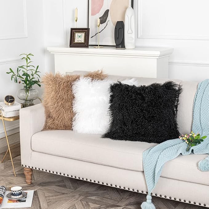 Mongolian Lamb Fur Throw Pillow Cover (16'' x 16'', White), Real Sheep Fur Decorative Cushion Cover Case Home Decorative Square Throw Pillow Cover Plain Wool Pillow Protector