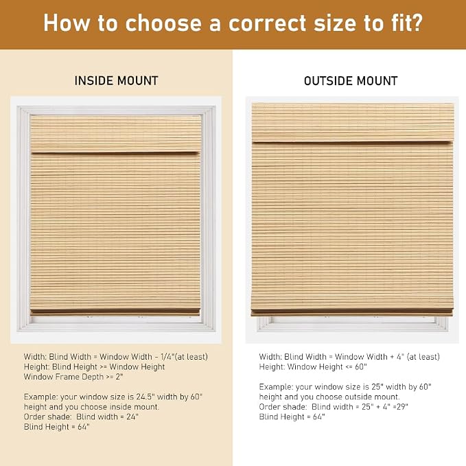 SEEYE Cordless Bamboo Roman Shades, Blackout Natural Bamboo Blinds for Indoor Windows, Roll Up Blind Privacy Shade for Home, Office, Door, UV Resistant & Easy to Install, 28" W x 64" H, Natural
