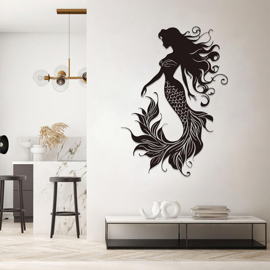 Veplsur Mermaid Metal Wall Art, Metal Mermaid Wall Decor, Marine Biology Wall Decor, Ocean Wall Art, Nautical Wall Hanging, Beach Hanging for Bathroom Bedroom (Black, 53"x38"|135x96cm)