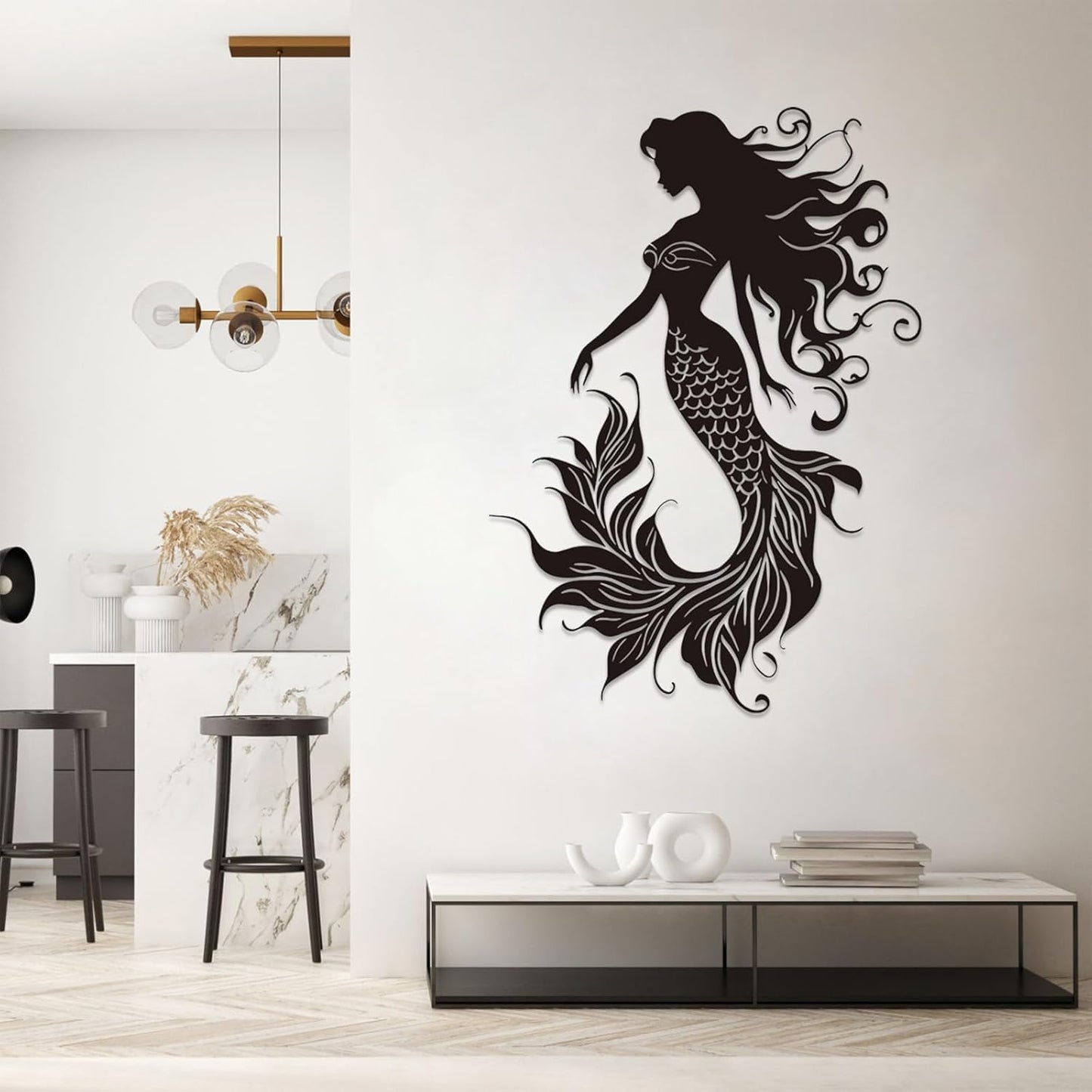 Veplsur Mermaid Metal Wall Art, Metal Mermaid Wall Decor, Marine Biology Wall Decor, Ocean Wall Art, Nautical Wall Hanging, Beach Hanging for Bathroom Bedroom (Black, 30"x21"|76x54cm)