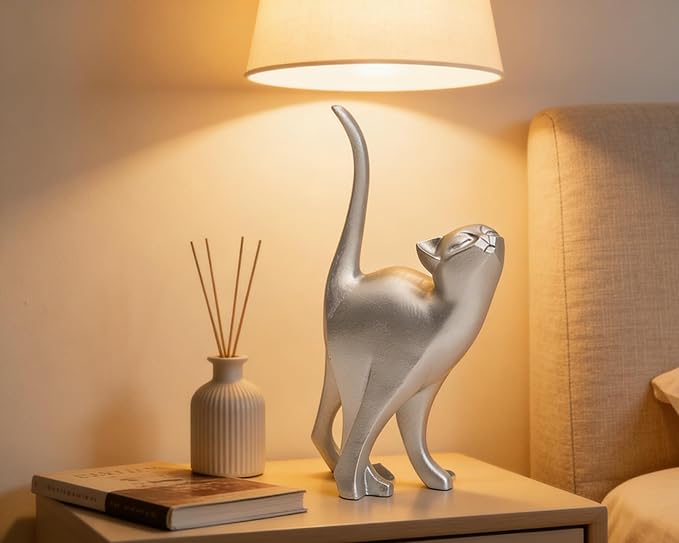 Silver Cat Statue Modern Abstract, Home Office Shelf Decor, 7-Inch Vibrant Assorted Colors, Easy to Match Any Decor Style