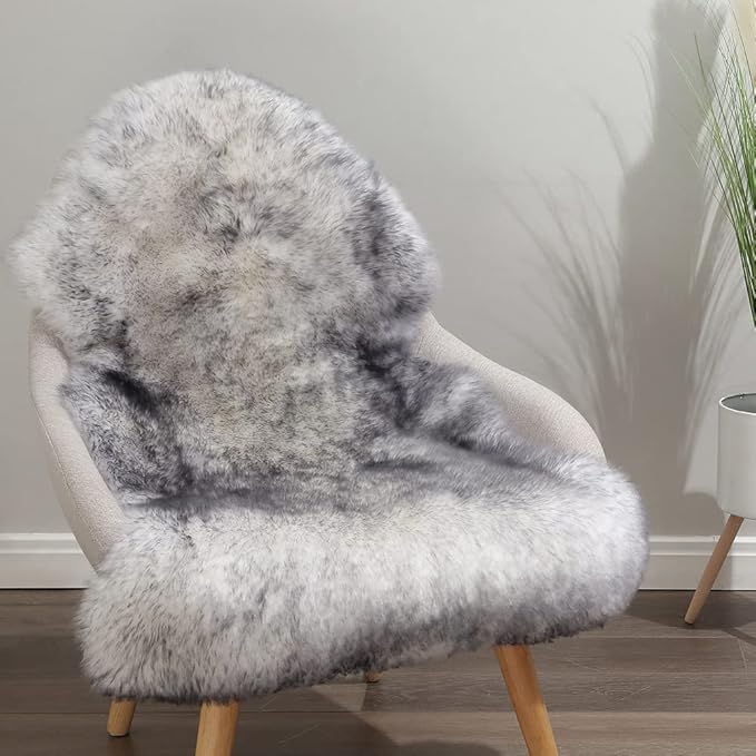 IRIWOOL Premium Genuine Fur Sheepskin Rug Real Australia Sheepskin Natural Luxury Fluffy Lambskin Fur Area Rug Seat Covers for Kids Bedroom Sofa Chair Cover (Gray Tip, Single Pelt/2ft x 3ft)