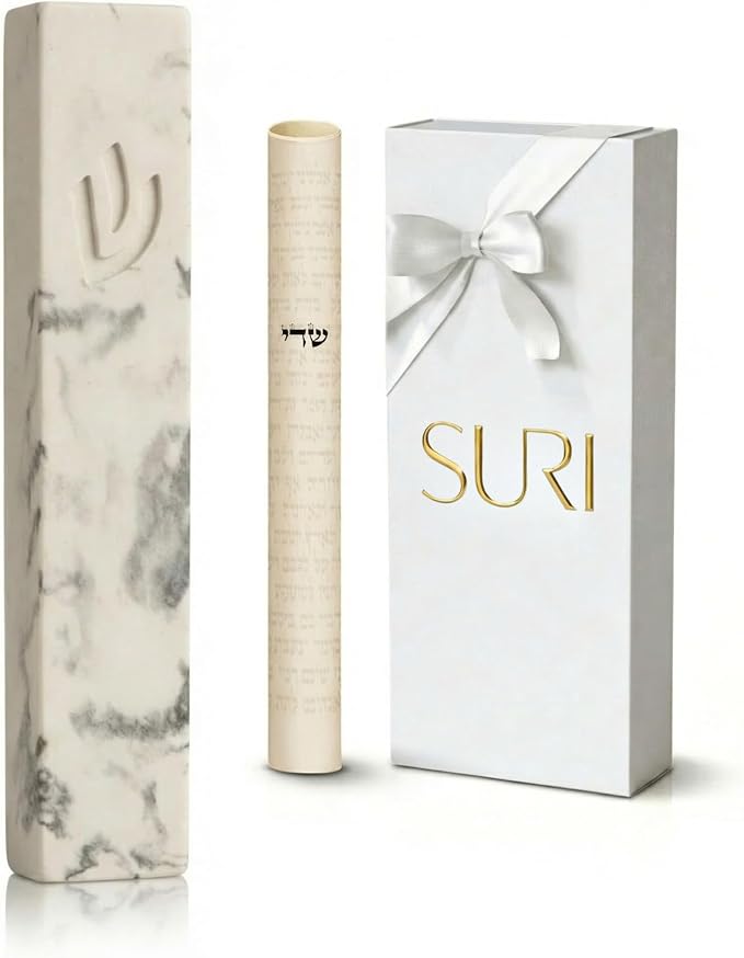 SURI Mezuzah for Door – 7 Inch Marble Cream Concrete Mezuzah Case with Non Kosher Scroll, Self-Stick Jewish Entry Design, Fits a 6 Inch Scroll, Gift Box Included