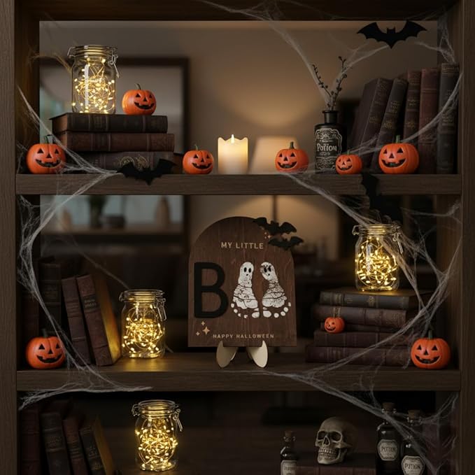 My Little Boo Wooden Halloween Sign – Baby Footprint Ghost Keepsake Plaque – Happy First Halloween Nursery Décor – Rustic Wooden Tabletop Sign for Baby. Newborn. Halloween baby