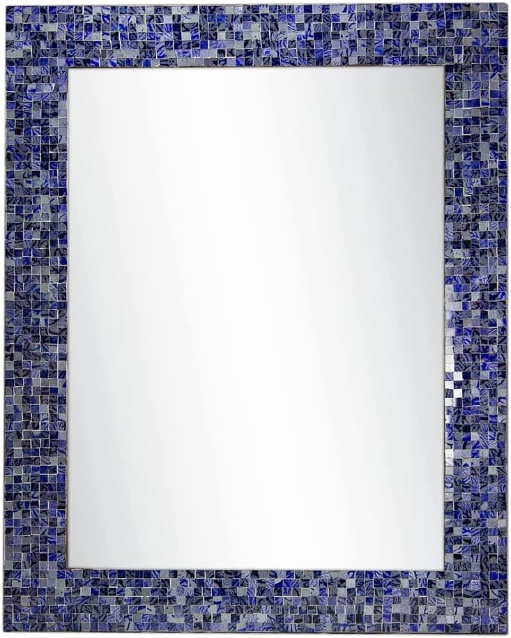 30" x 24" Glass Mosaic Framed Decorative Wall Mirror, Handmade Eclectic Accent Mirror, Unique Vanity Mirror (Lapis Blue)