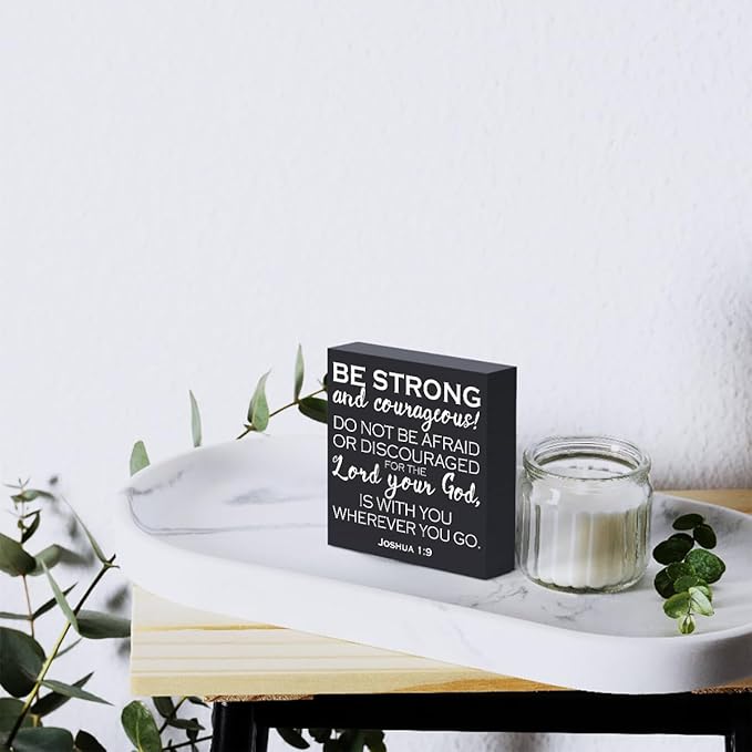 Bible Verse Wooden Box Sign Plaque Be Strong and Courageous Do Not Be Afraid Wood Box Sign Rustic Art Home Office Shelf Desk Decor 5 x 5 x 1 Inches