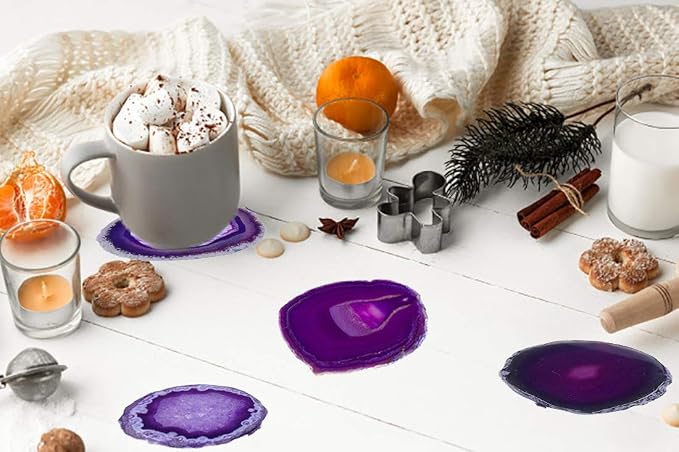 JIC Gem 3.5-4" Dyed Purple Agate Coaster Natural Sliced Geode Agate Stone Coasters for Small Cup Polished with Rubber Bumper Set of 4 Home Decoration