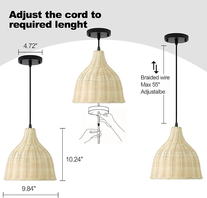 Hard Wired Rattan Pendant Lights Set of 2,Boho Wicker Chandelier with 9.84” Dome Shade, Basket Hand Woven Hanging Lamp for Coastal Kitchen Island Dining Room Living Room Bar Foyer Hallway