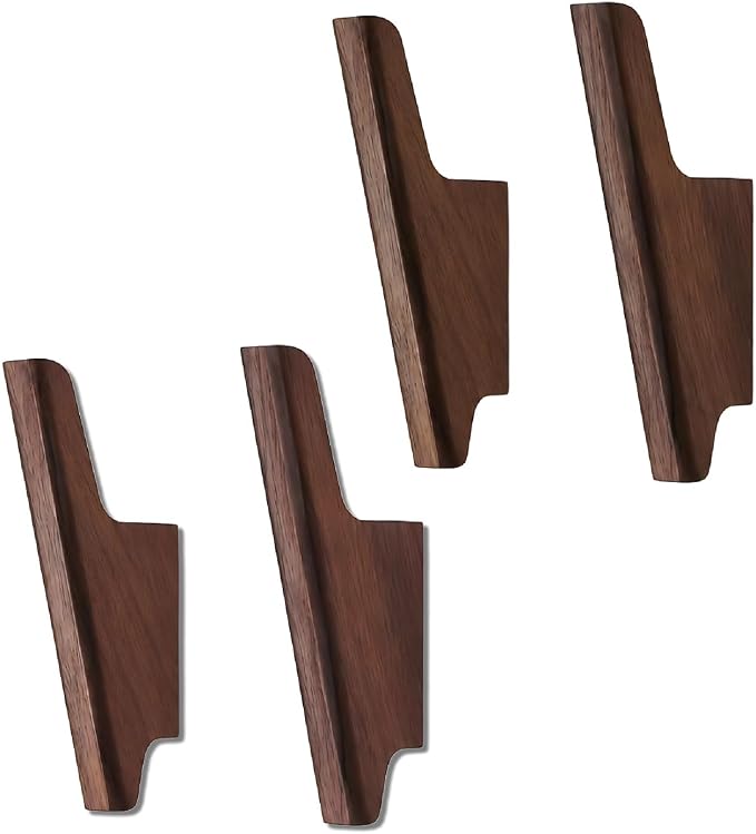 Wood Wall Hooks 4 Pack - Walnut-Toned Wall Mounted Coat & Towel Hooks | Entryway hallway bedroom bathroom, hat key towel hanger, single-screw install, wood-grain finish, space-saving organizer