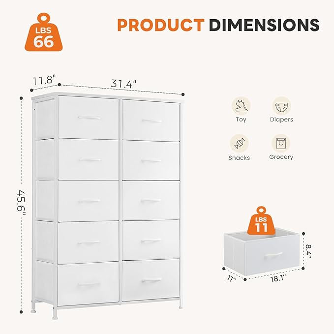 Sweetcrispy White Dresser for Bedroom, 10 Drawer Tall Dresser, Fabric Storage Tower with Bins, Chest Organizer Unit for Bedroom Closet, Hallway, Steel Frame Wood Top, Easy Pull Handle