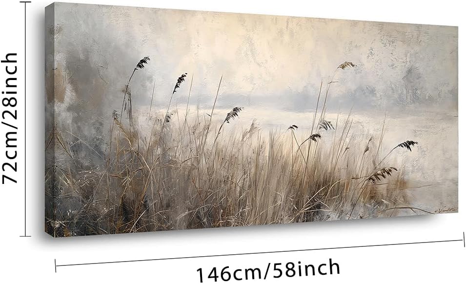 LASMOND Vintage Meadow Wall Art for Living Room Reed Grass Canvas Painting Prints Large Retro Rustic Cottagecore Countryside Landscape Farmhouse Bedroom Artwork Home Decor (58x28 Inches)