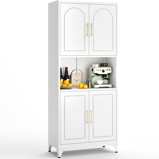 75" Tall Kitchen Pantry Storage Cabinet, Metal Storage Cabinets with 4 Doors and Adjustable Shelves，White Kitchen Hutch Cabinet with Microwave Stand, Large Cupboard for Dining Living Room