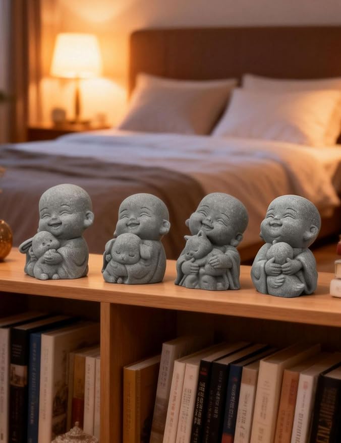4PCS Buddha Statue, Laughing Buddha Bring Good Luck, Cute Small Zen Monk Feng Shui Decor, Sandstone Sculptures for Home and Aquarium Decor