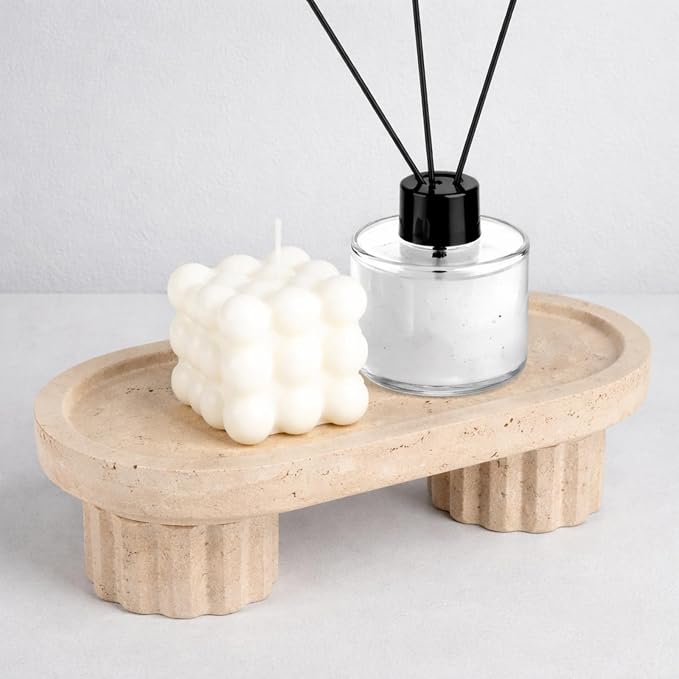 GlikCeil Natural Travertine Oval Tray with Legs 10 Inches Marble Tray for Bathroom Stone Countertop Decoration Organizer for Bathroom Vanity Bedroom Kitchen for Perfume Candles Jewelry Dish Decor