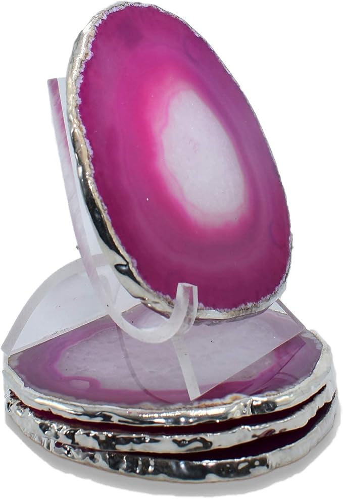 Nature's Decorations Pink Silver Rimmed Agate Stone Coasters - Set of 4, Polished Geode Drink Mats for Dining & Coffee Table & Kitchen Geode Decor Non-Toxic 3.5-4” Diameter