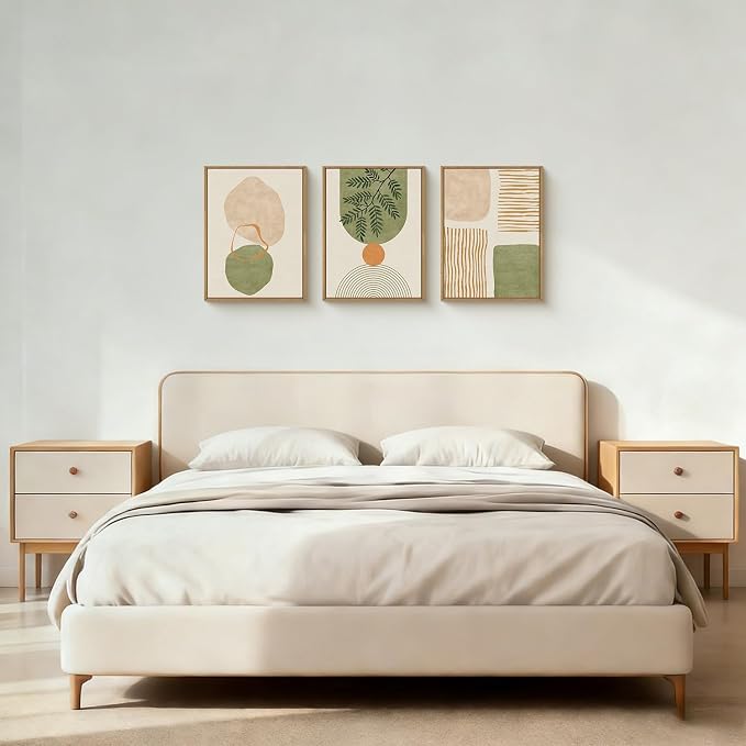 BICERE Boho Sage Green Framed Canvas Wall Art Set,Abstract Minimalist Geometric Line Wall Decor,Modern Mid Century Beige Leaf Artwork for Living Room,Bedroom,Dining Room,Office-12 x16 x3