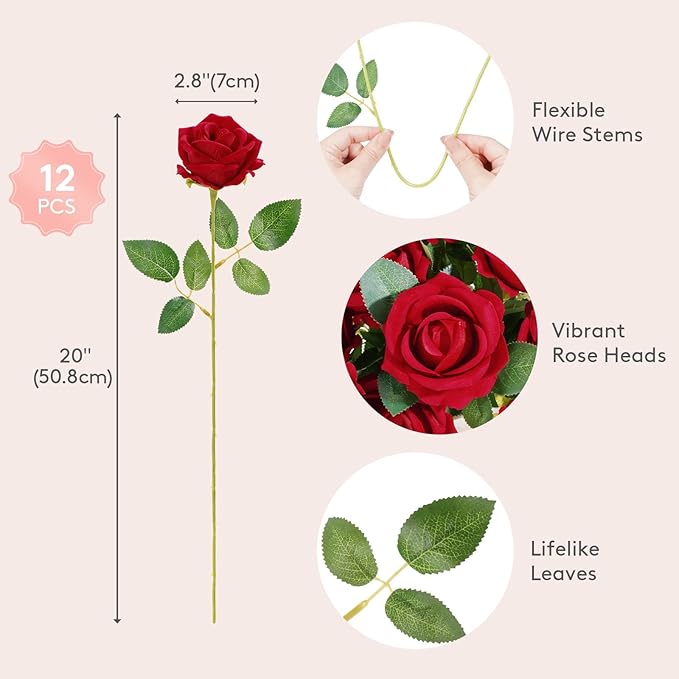 Lifewit Classic Red Artificial Roses Flowers, Faux Long Stem Silk Roses Bulky for DIY Wedding Bouquets Decoration, Centerpieces Arrangements, Velentine,12 Pcs