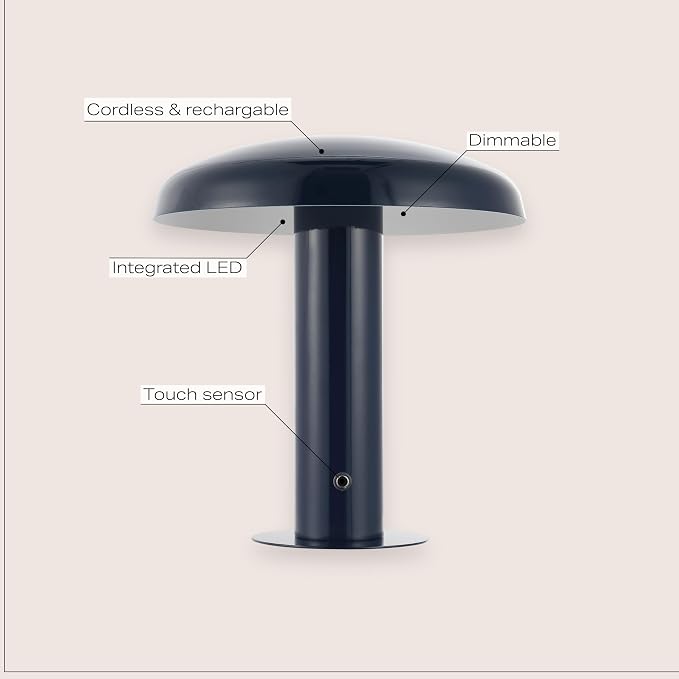 JONATHAN Y 11" Navy Rechargeable LED Mushroom Table Lamp, Cordless Portable Dimmable Mid-Century Modern Accent Lamp, with Metal Shade, Touch Sensor (JYL7114F)