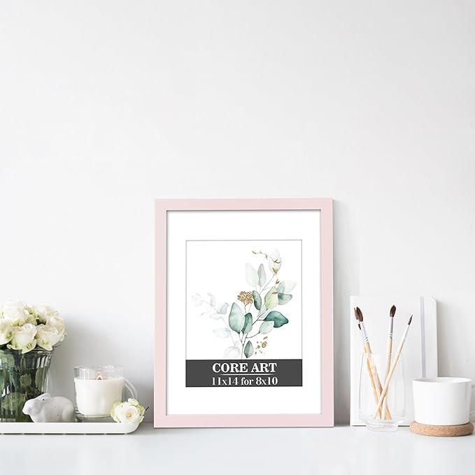 CORE ART 11x14 Picture Frame, Pink Picture Frames 8x10 with Mat or 11 x 14 without Mat for Wall or Tabletop Display, Photo Frame Set of 4