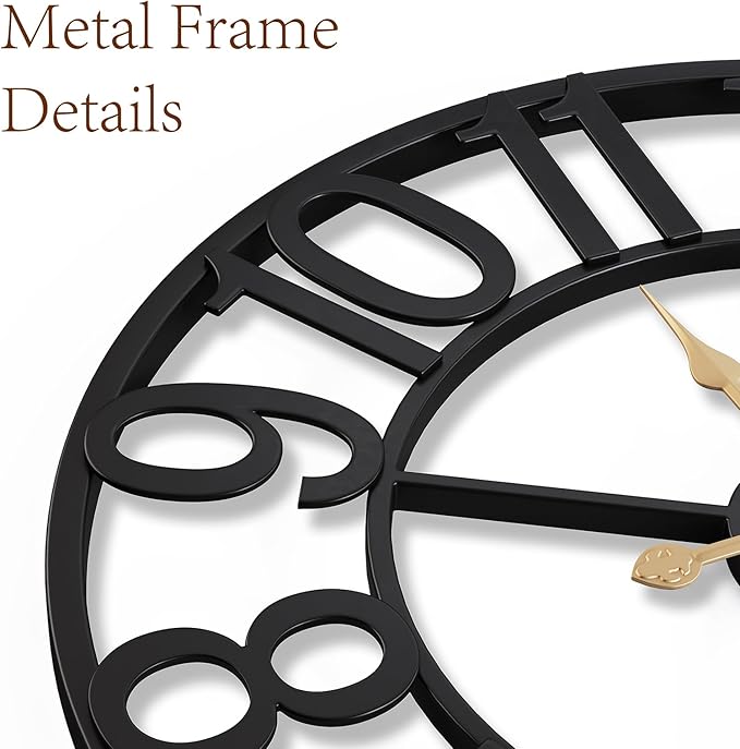 Vantic 24 Inch Large Wall Clock, Arabic Numeral Metal Oversized Wall Clocks for Living Room Decor, Bedroom and Kitchen, Completely Silent, Non Ticking, Battery Operated