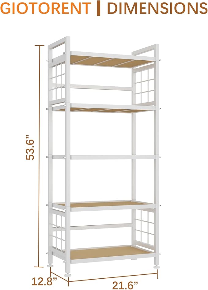 GIOTORENT 5-Tier Kitchen Storage with Wooden Boards, Heavy Duty Storage Shelves & Bookshelf, Adjustable Metal Shelving Unit for Garage Kitchen Bathroom Laundry Organizer, 750LB Capacity, White
