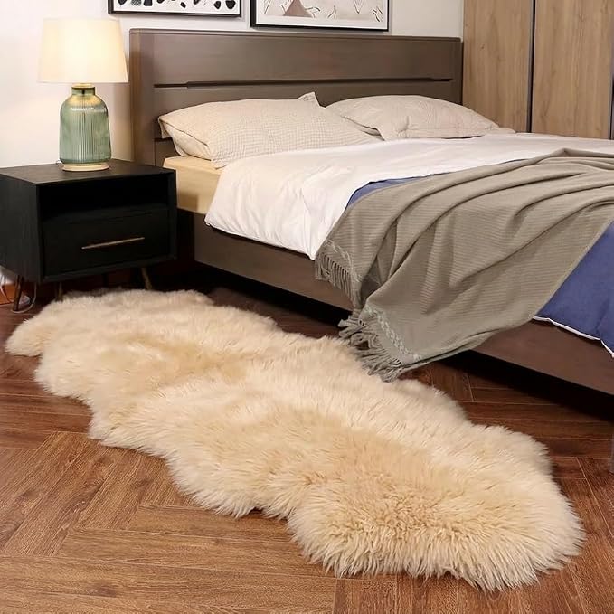 IRIWOOL Premium Genuine Fur Sheepskin Rug Real Australia Sheepskin Natural Luxury Fluffy Lambskin Fur Area Rug Seat Covers for Kids Bedroom Sofa Chair Cover (Light Brown, Double Pelt/2ft x 6ft)