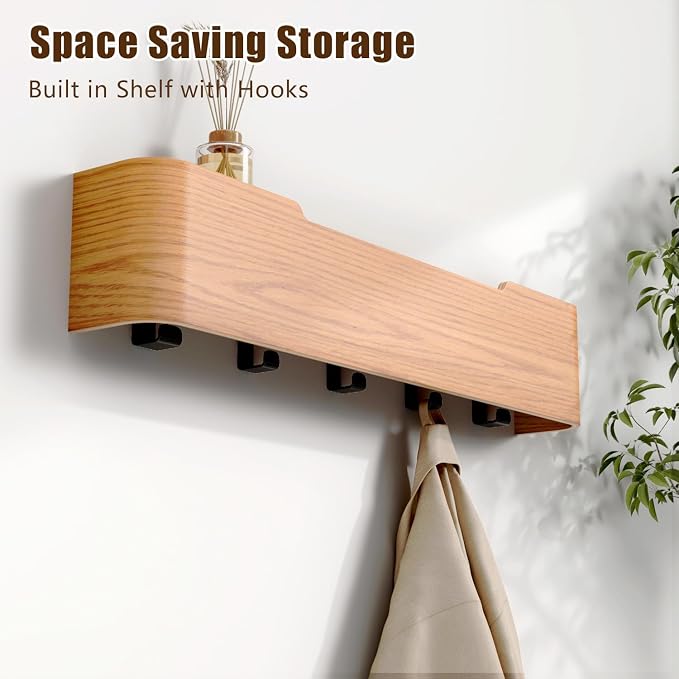 Coat Rack Wall Mount with Hidden Hooks, Wall Hooks with Shelf, Wall Key Holder Mount Wooden Shelf Entryway Hooks for Bedroom Bathroom for Hanging Coats Hats Bags Towels (Oak, 5 Hooks)