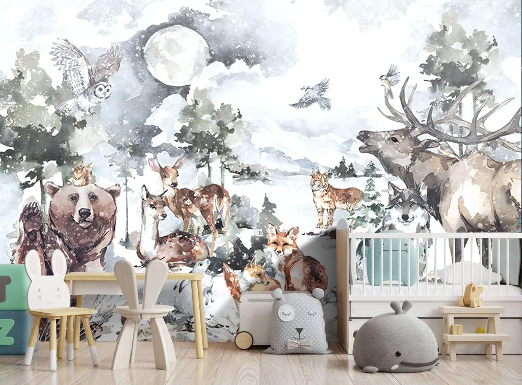 Boys or Girls Cartoon Watercolor Animals wallpeper Nursery Kids Bedroom Wall Mural - 137"x96"（Not Peel and Stick）