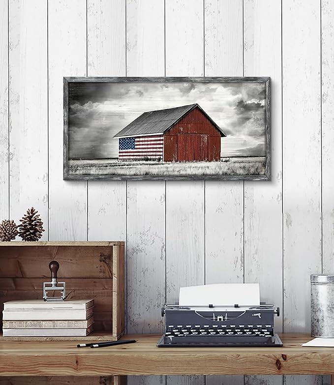 Barn Picture Framed Wall Art: Rustic Black White Farmhouse American Flag Print Wood Decor Horizontal Patriotic Country Farm Artwork Panoramic Living Room Nature Landscape Rural Countryside Scene Painting for Home Bedroom