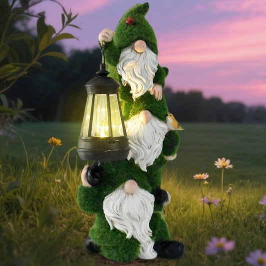Solar Garden Three Gnome Statue Stacked Flocked with LED Light, Outdoor Waterproof Lawn Ornament Decor for Patio Lawn Yard Pathway Gift Idea for Women Mom Mothers Day