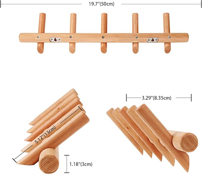 Modern Wood Coat and Hat Rack - Wall Mounted - 5 Peg Hooks - Stylish, Natural, Smooth