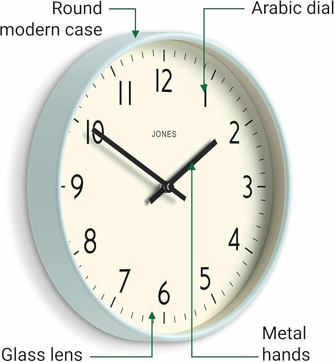 JONES CLOCKS® Studio wall Clock | Modern Round Style | 12 inch | Pale Blue | Easy to Read Numbers | Versatile Design for Kitchen, Living Room or Office