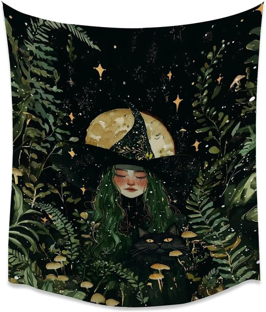 Moon Witch Tapestry Wall Hanging Mystical Botanical Green Print Dark Forest Witchy Decor Gothic Magical Black Cat and Moon Tapestries for Bedroom Living Room Dorm Decoration Aesthetic 40x60inch