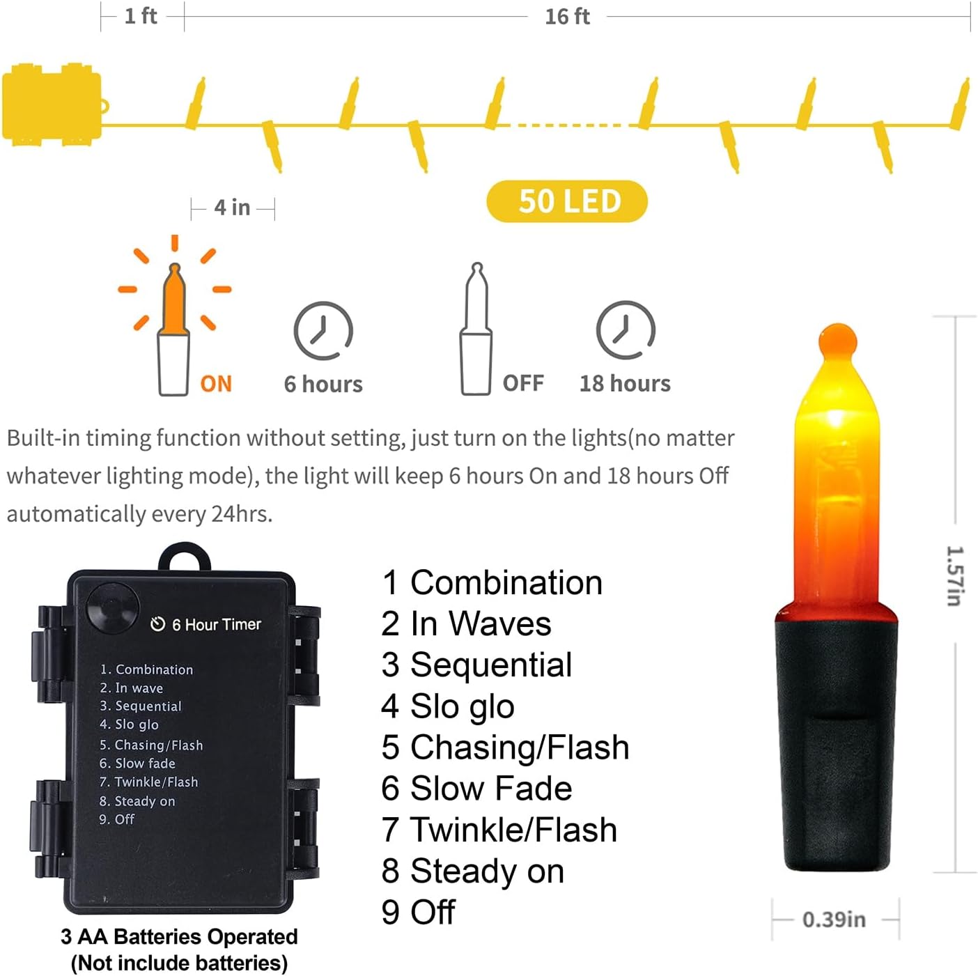 WATERGLIDE 2 Pack 50 LED Outdoor Halloween Lights, 16 FT Mini String Light with 8 Modes, Waterproof Battery Operated Tree Lights for Indoor Outdoor Patio Garden Party Wedding Decoration, Orange