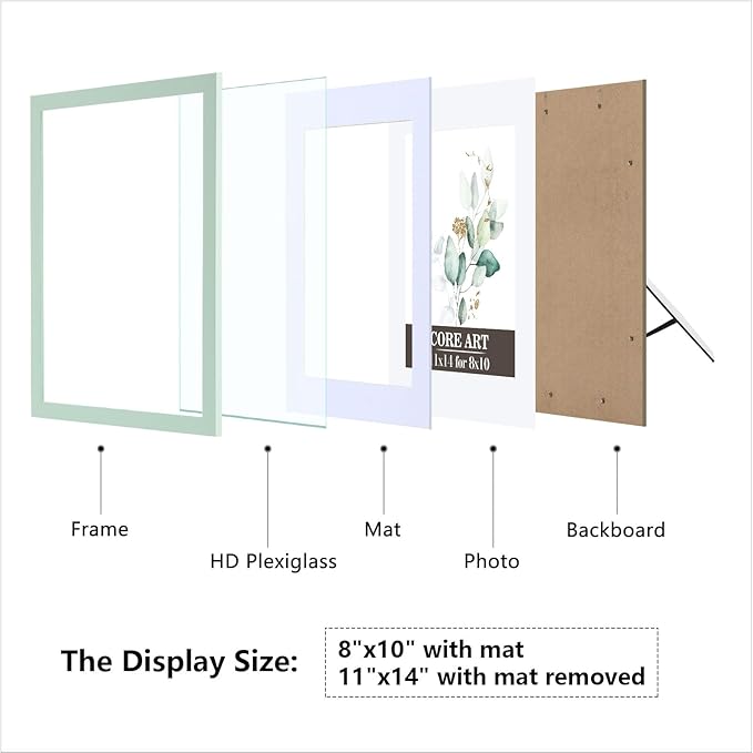 CORE ART 11x14 Picture Frame, Green Picture Frames 8x10 with Mat or 11 x 14 without Mat for Wall or Tabletop Display, Photo Frame Set of 4