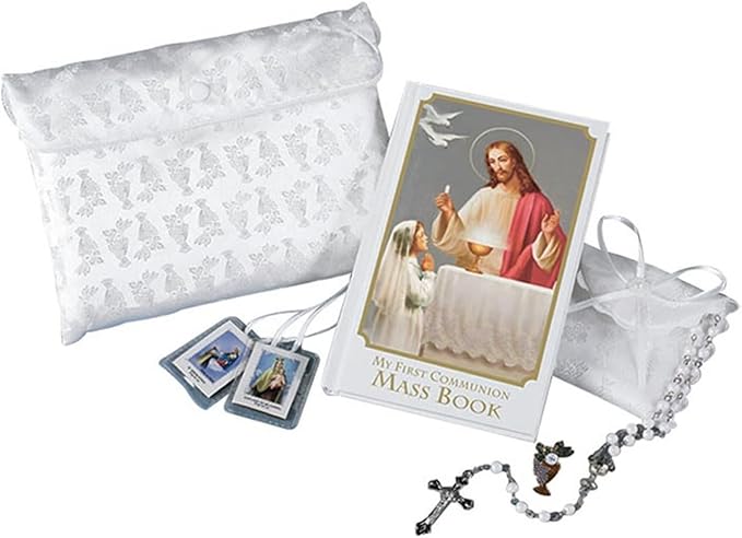 Deluxe First Communion Gift Set for Girls - Rosary with Case, White Satin Purse with Shoulder Strap, Mass Book, Scapular, and Lapel Pin